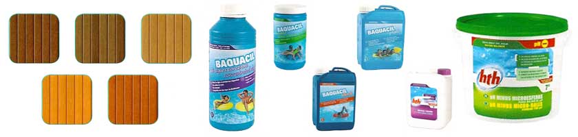 Maderas y productos para el tratamiento del agua, accesorios piscinas