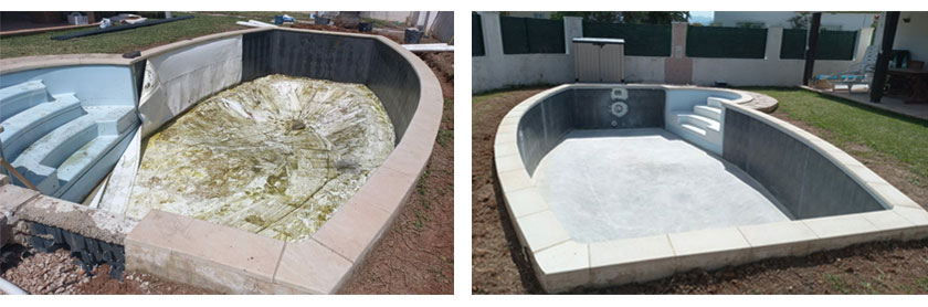 Reparación piscina con liner 2024 piscina ovalada antes reparación